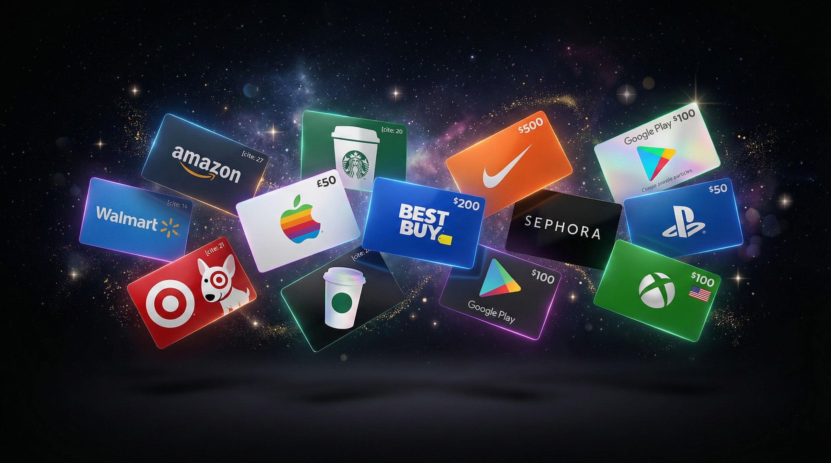 Floating gift cards with glowing effects